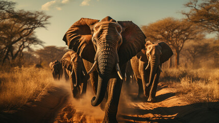 Elephants in wild nature, running on camera. Action wildlife scene with dangerous animal. Loxodonta Africana. - obrazy, fototapety, plakaty