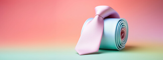 Fototapeta premium Rolled pink necktie on a gradient background, symbolizing the blend of casual and professional style