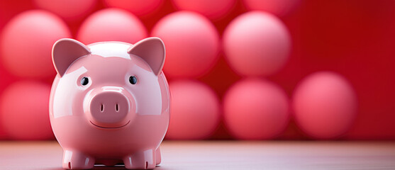Pink piggy bank against a backdrop of pink spheres, depicting consistent saving habits.