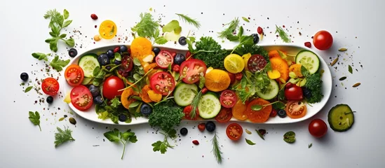 Foto op Aluminium In a serene garden with vibrant green leaves and colorful fruits, isolated in a white background, a healthy tomato salad takes shape, radiating the essence of health and the art of cooking with fresh © 2rogan
