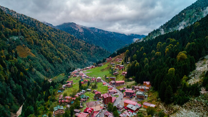 General landscape view of Ayder Plateau in Rize. Ayder Plateau has a wide meadow area with excellent nature views and wooden chalets. Rize, Camlihemsin, Turkey.