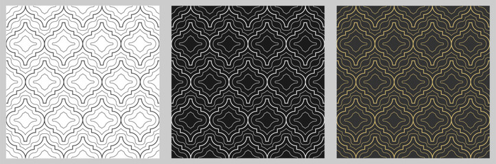 set of editable seamless abstract patterns on black and white backgrounds for textures, textiles, simple backgrounds and creative design