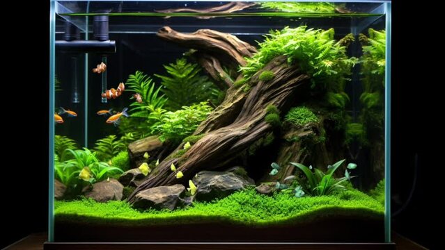 beautiful glass aquarium decoration with fish and tropical plants. seamless looping time-lapse virtual video animation background. Generated Al