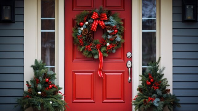  a red door with two christmas wreaths on it and a red door with a red bow on the front door and two evergreen wreaths on the side of the door.