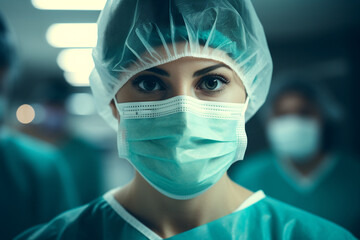 The portrait of a female medical surgeon staff wearing surgical mask and cap looking at a camera in a hospital surgical operating room. Generative AI.