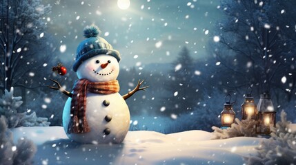 Fototapeta premium a snowman with a blue hat and scarf standing in the snow with two lanterns on either side of him and a lantern on the other side of the snow.