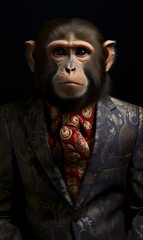 portrait of monkey dressed in an elegant patterned suit with tie, confident and classy high Fashion portrait of an anthropomorphic animal, posing with a charismatic human attitude