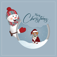 Vector illustration Merry Christmas with snowman and cute dog wearing Santa dress Post Template