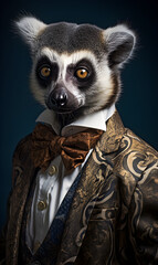 Obraz premium portrait of lemur dressed in an elegant patterned suit with tie, confident and classy high Fashion portrait of an anthropomorphic animal, posing with a charismatic human attitude