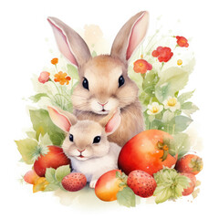 Cute mom and baby rabbit, fruits with flower Illustration, Generative Ai