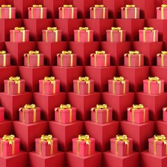 many Red gift box with golden ribbon put on Red color stage mock up. Christmas idea concept Celebration. 3D Rendering. - 682057529