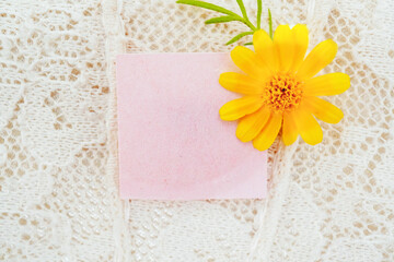 ベージュのレースを背景に黄色いデージーの花を飾った可憐なピンク色のメッセージフレームのモックアップ