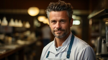 Smiling male business owner in an apron. Small cafe concept