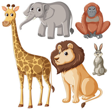 Wild Animals Cartoon: Giraffe, Lion, Rabbit, Elephant, Orangutan