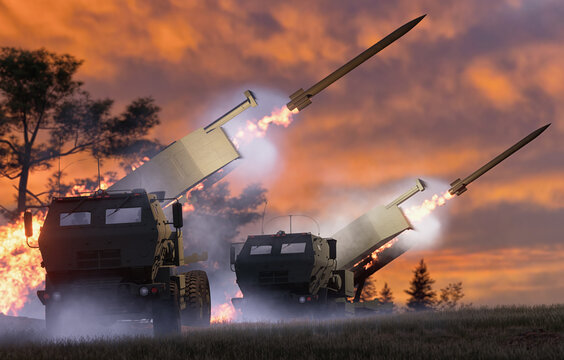 High Mobility Rocket Artillery System during firing.3d illustration.	
