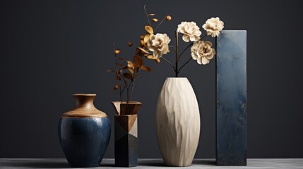 The vases with flowers.