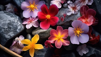  a group of flowers sitting on top of a pile of rocks next to a pile of rocks with a wooden stick in the middle of the middle of the picture.