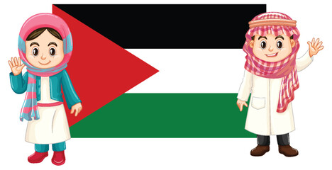 Palestine Flag with Cartoon Characters Standing Together