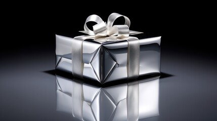  a silver gift box with a white ribbon and a bow on a reflective surface with a reflection of light on the bottom of the box and bottom of the box.