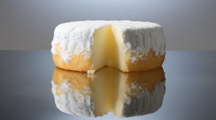 a piece of cake sitting on top of a table next to a reflection of the cake on the table and in the middle of the table is a yellow cake with white frosting.