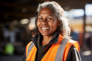 portrait of smiling mature female engineer on site high vis vest, and ppe - obrazy, fototapety, plakaty