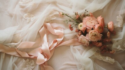  a bouquet of flowers sitting on top of a bed next to a sheer pink scarf on top of a white comforter with lace on the bottom of the sheets. - obrazy, fototapety, plakaty