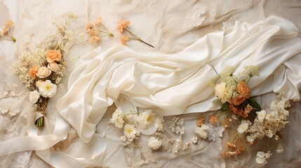  a close up of a wedding dress with flowers on the bottom and on the bottom of the dress is a bouquet of flowers on the bottom and on the bottom of the dress.
