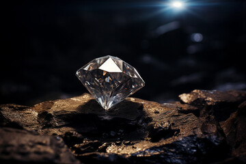 The close up of a transparent diamond is shining on a rough flat rock background with flickering light above. Generative AI.
