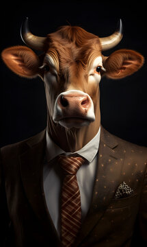 portrait of cow dressed in an elegant patterned suit with tie, confident and classy high Fashion portrait of an anthropomorphic animal, posing with a charismatic human attitude