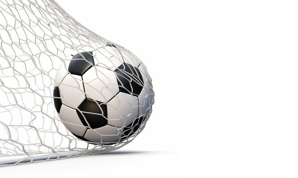 A soccer ball in the net of a soccer goal in the left part of the frame. White isolated background. Copy space