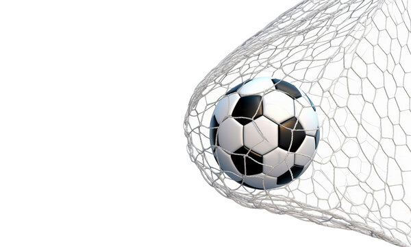 A soccer ball in the net of a soccer goal in the right part of the frame. White isolated background. Copy space