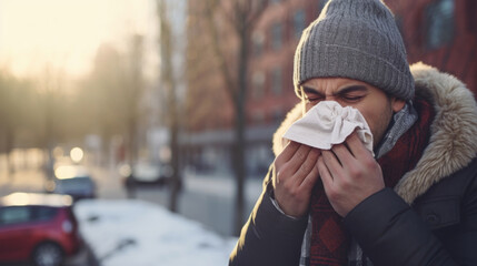 Young man suffering from allergies or the flu blows his nose or sneezes into a handkerchief against the winter street background - obrazy, fototapety, plakaty