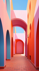 Multicolored sunny building complex with arches and windows