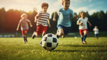 Obraz na płótnie Canvas Kids playing soccer on the grass