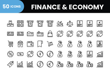 Finance and business icon set. outline finance and business 50 icons collection.