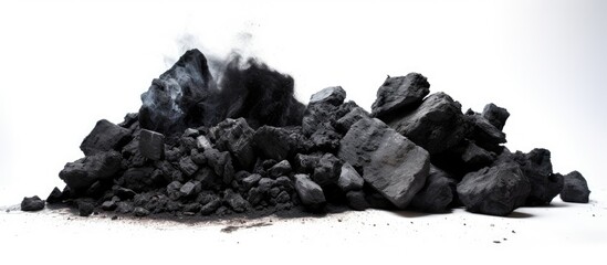 In the isolated white background, the black coal exudes an immense amount of energy as it is consumed in the combustion process, generating heat and power for the industry, leaving behind a trail of