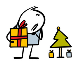 Cartoon puzzled cartoon stickman holds large gift box and thinks about how to place it under small Christmas tree. Vector illustration of solving a problem for a holiday.