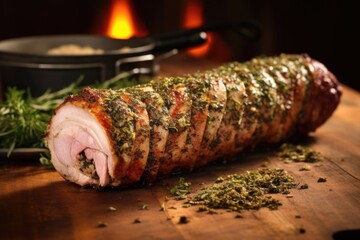 herb-crusted pork loin rotating on a home spit - obrazy, fototapety, plakaty