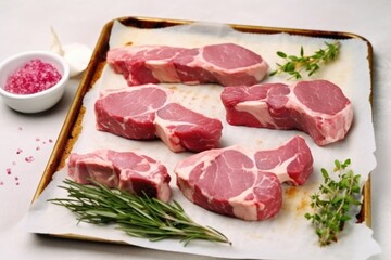 raw lamb chops with grill marks ready to be seasoned on a pink marble slab