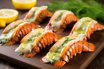 close-up of lobster tails covered in melting herb butter - obrazy, fototapety, plakaty