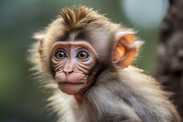 Animal close up portrait of a cute baby macaque monkey climbing on a tree branch, shot outdoors on a sunny day. Generative AI.