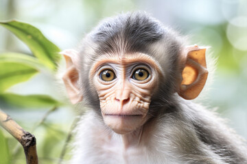 Animal close up portrait of a cute baby macaque monkey climbing on a tree branch, shot outdoors on a sunny day. Generative AI.