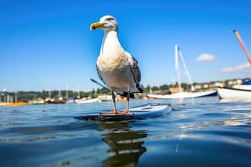 seagull perched on a paddleboard bobbing in harbor - Powered by Adobe