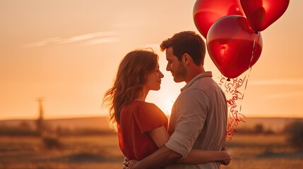 lovingly embracing couple with red balloons and closed eyes at sunset in a blurred background on Valentine's Day.
