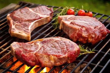 t-bone steaks on a spinning outdoor grill