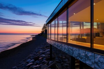 ocean-reflected sunset on a shingle homes glass wall