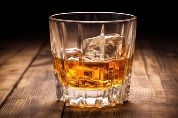 whisky served in crystal glass on wooden surface