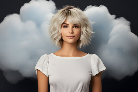 sad woman with cloud floating above head on plain color studio background