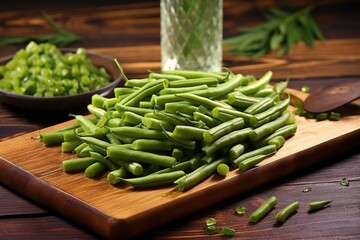 smoked green beans scattered on a wooden table-top
