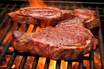 t-bone steaks on a barbecue grill with flames licking the meat - obrazy, fototapety, plakaty